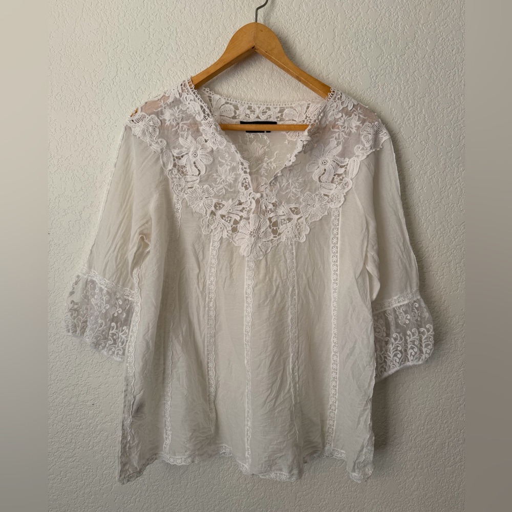 BCBGMaxazaria Cotton and Silk Lace Blouse with Floral Detailing and 3/4 Sleeves - Picture 2 of 10